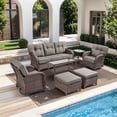 thumbnail image 1 of PARKWELL 7 Pieces Patio Furniture Set with Swivel Chairs, 7-Seat Wicker Conversation Set with Rattan Rocking Chair, Ottoman, Coffee Table and 5" Thick Cushion for Porch Deck, Brown/Gray, 1 of 11