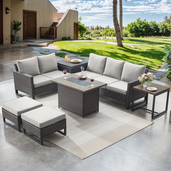 PARKWELL 7 Pieces Patio Furniture Sets, Outdoor Sectional Sofa with 41" Fire Pit Table and Storage Box for Patio Garden Poolside Deck,Brown Wicker and Beige Cushions