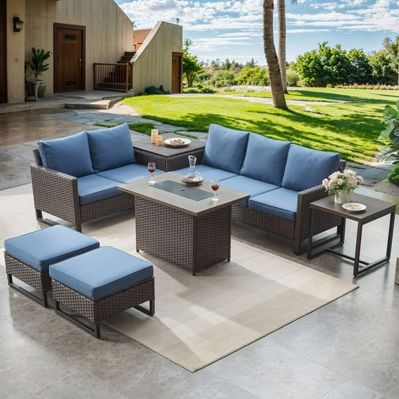 PARKWELL 7 Pieces Patio Furniture Sets, Outdoor Sectional Sofa with 41" Fire Pit Table and Storage Box for Patio Garden Poolside Deck,Brown Wicker and Navy Cushions