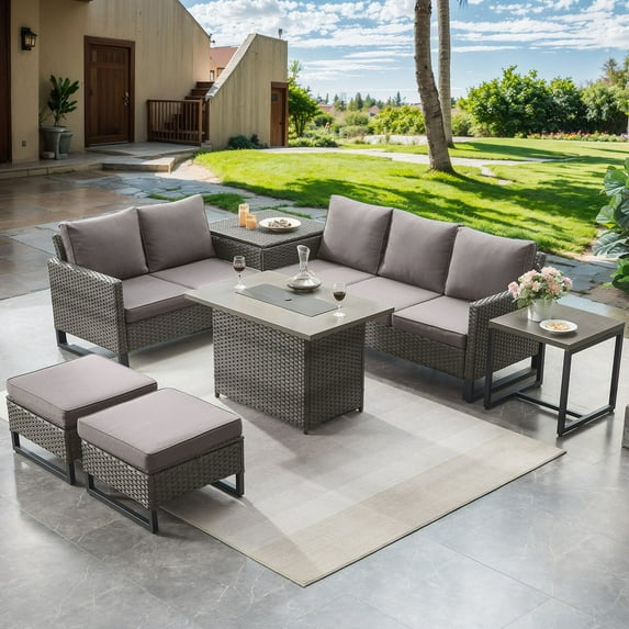 PARKWELL 7 Pieces Patio Furniture Sets, Outdoor Sectional Sofa with 41" Fire Pit Table and Storage Box for Patio Garden Poolside Deck,Gray Wicker and Gray Cushions