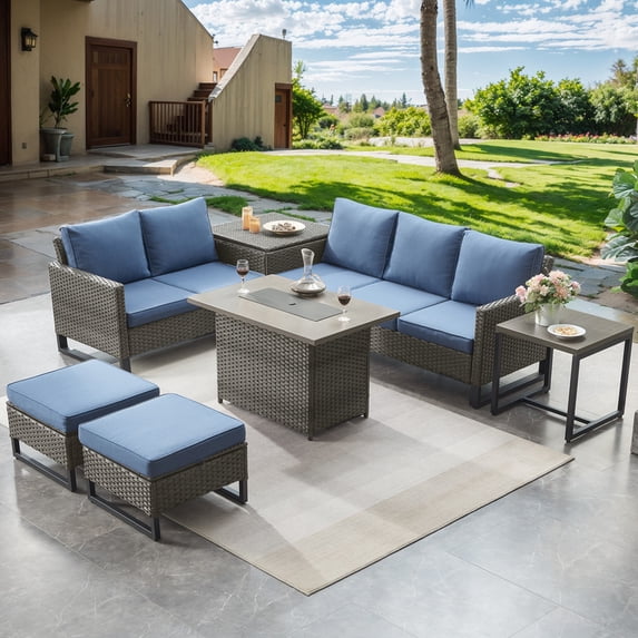 PARKWELL 7 Pieces Patio Furniture Sets, Outdoor Sectional Sofa with 41" Fire Pit Table and Storage Box for Patio Garden Poolside Deck,Gray Wicker and Navy Cushions