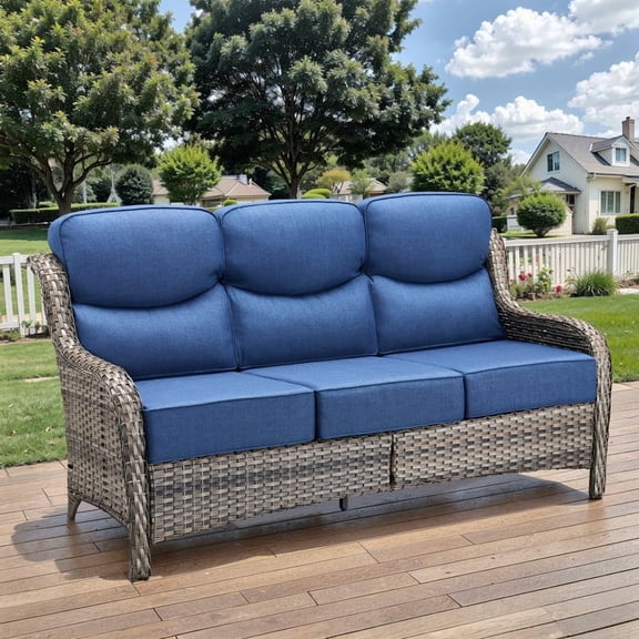 PARKWELL 73" Outdoor Patio High Back Sofa,All-Weather Rattan Oversized 3-Seater Couch with Luxury 6-Inch Thick Cushions,Ideal for Porch Deck Backyard,Gray/Navy