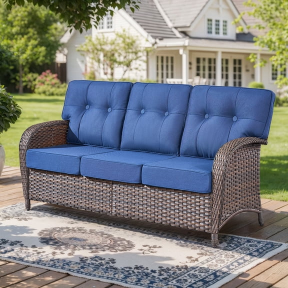 PARKWELL 75" Outdoor Oversized 3-Seater Patio Sofa Furniture,All-Weather Wicker Rattan Deep Seat Couch with Thick Cushions,Ideal for Porch Deck Backyard,Brown/Navy
