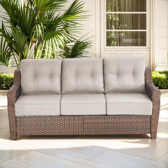 PARKWELL 75" Outdoor Patio Sofa,All-Weather Rattan Oversized 3-Seater Couch with Deep Seat and Thick Cushions,Ideal for Porch Deck Backyard,Brown/Beige