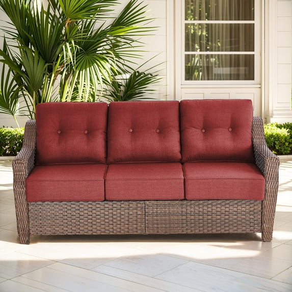 PARKWELL 75" Outdoor Patio Sofa,All-Weather Rattan Oversized 3-Seater Couch with Deep Seat and Thick Cushions,Ideal for Porch Deck Backyard,Brown/Gray