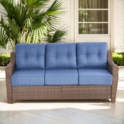 PARKWELL 75" Outdoor Patio Sofa,All-Weather Rattan Oversized 3-Seater Couch with Deep Seat and Thick Cushions,Ideal for Porch Deck Backyard,Brown/Navy