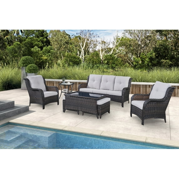 PARKWELL 7Pcs Outdoor Wicker Rattan Conversation Patio Furniture Set, including Three-seater Sofa, Chairs, Coffee Table, Ottomans and Side Table with Cushion, Beige