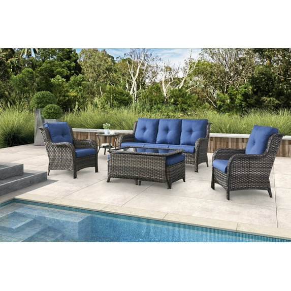 PARKWELL 7Pcs Outdoor Wicker Rattan Conversation Patio Furniture Set, including Three-seater Sofa, Chairs, Coffee Table, Ottomans and Side Table with Cushion, Blue