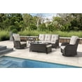 thumbnail image 1 of PARKWELL 7Pcs Outdoor Wicker Rattan Conversation Patio Furniture Set, including Three-seater Sofa, Rocking Chairs, Coffee Table, Ottomans and Side Table with Cushion, Beige, 1 of 9