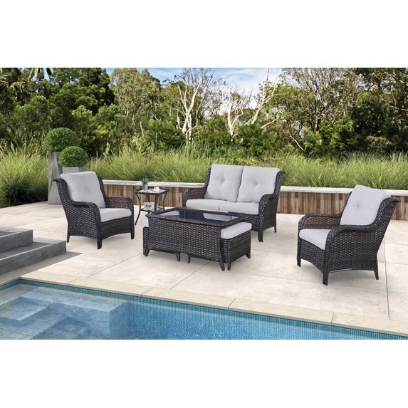 PARKWELL 7Pcs Outdoor Wicker Rattan Conversation Patio Furniture Set, including Two-seater Sofa, Chairs, Coffee Table, Ottomans and Side Table with Cushion, Beige