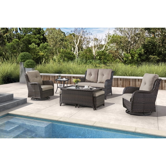 PARKWELL 7Pcs Outdoor Wicker Rattan Conversation Patio Furniture Set, including Two-seater Sofa, Rocking Chairs, Coffee Table, Ottomans and Side Table with Cushion, Gary