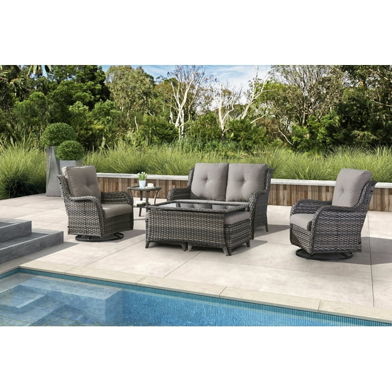PARKWELL 7Pcs Outdoor Wicker Rattan Conversation Patio Furniture Set, including Two-seater Sofa, Rocking Chairs, Coffee Table, Ottomans and Side Table with Cushion, Gray