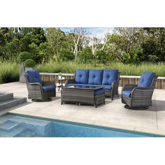 PARKWELL 7Pcs Outdoor Wicker Rattan Conversation Patio Furniture Set, including Two-seater Sofa, Rocking Chairs, Coffee Table, Ottomans and Side Table with Cushion, Blue