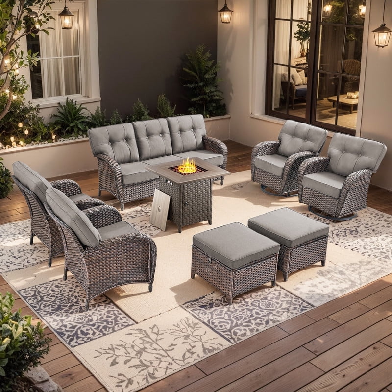 PARKWELL 8-Piece Outdoor Furniture Set with 30-Inch Propane Firepit - Rattan Cushioned Sofa and Wicker Swivel Glider Chairs,Outdoor Seating for Backyard Gatherings, Brown/Gray