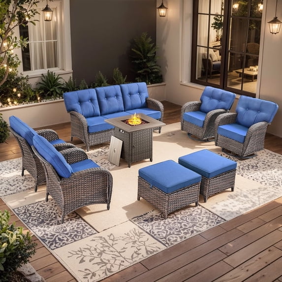 PARKWELL 8-Piece Outdoor Furniture Set with 30-Inch Propane Firepit - Rattan Cushioned Sofa and Wicker Swivel Glider Chairs,Outdoor Seating for Backyard Gatherings, Brown/Navy