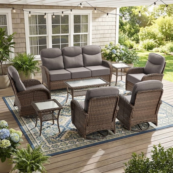 PARKWELL 8-Piece Outdoor Patio Furniture Set, 7-Seat High Back Wicker Cushioned Conversation Set with Coffee Table for Porch - Gray