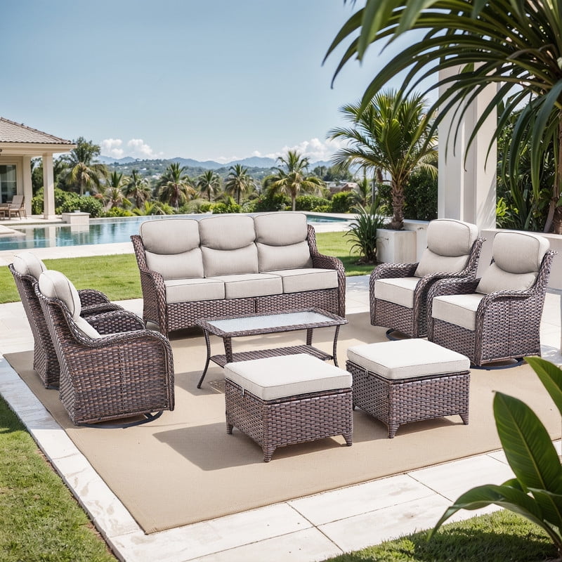 PARKWELL 8 Piece Outdoor Patio Furniture Set,All-Weather High Back Conversation Set with Luxury 6-Inch Thick Cushions,Swivel Glider Chair,9-Seat Furniture Sets for Garden, Deck, Backyard,Brown/Beige