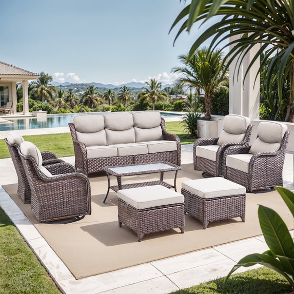 PARKWELL 8 Piece Outdoor Patio Furniture Set,All-Weather High Back Conversation Set with Luxury 6-Inch Thick Cushions,Swivel Glider Chair,9-Seat Furniture Sets for Garden, Deck, Backyard,Brown/Beige