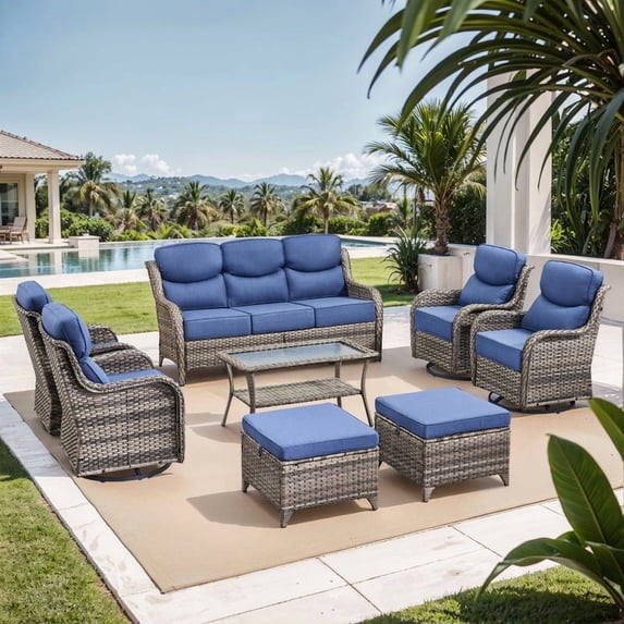 PARKWELL 8 Piece Outdoor Patio Furniture Set,All-Weather High Back Conversation Set with Luxury 6-Inch Thick Cushions,Swivel Glider Chair,9-Seat Furniture Sets for Garden, Deck, Backyard,Gray/Navy