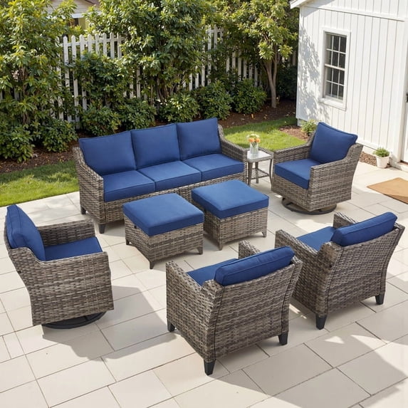 PARKWELL 8 Piece Outdoor Patio Furniture Set,All-Weather Rattan Conversation Set with Deep Seat Couch,Swivel Glider,Wicker Chair and Foot Rest,9-Seat Furniture Sets for Deck, Backyard,Gray/Navy