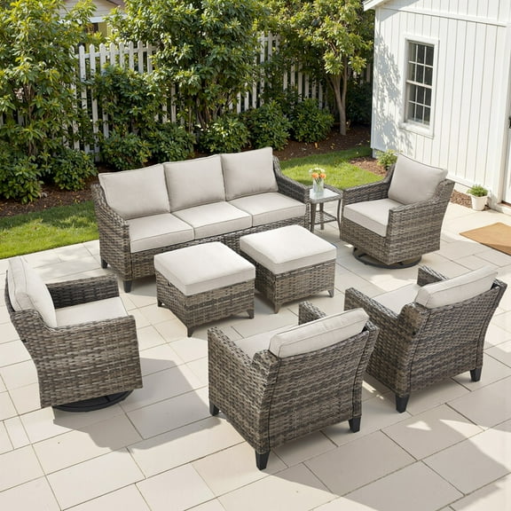 PARKWELL 8 Piece Outdoor Patio Furniture Set,All-Weather Rattan Conversation Set with Deep Seat Couch,Swivel Glider,Wicker Chair and Foot Rest,9-Seat Furniture Sets for Deck, Backyard,Gray/Beige