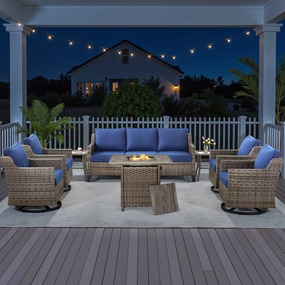 PARKWELL 8 Piece Outdoor Patio Furniture Set with Fire Pit Table,All-Weather Conversation Set with 4-Inch Thick Cushions,4 Swivel Glider Chair,7-Seat Furniture Sets for Deck, Backyard,Gray/Navy