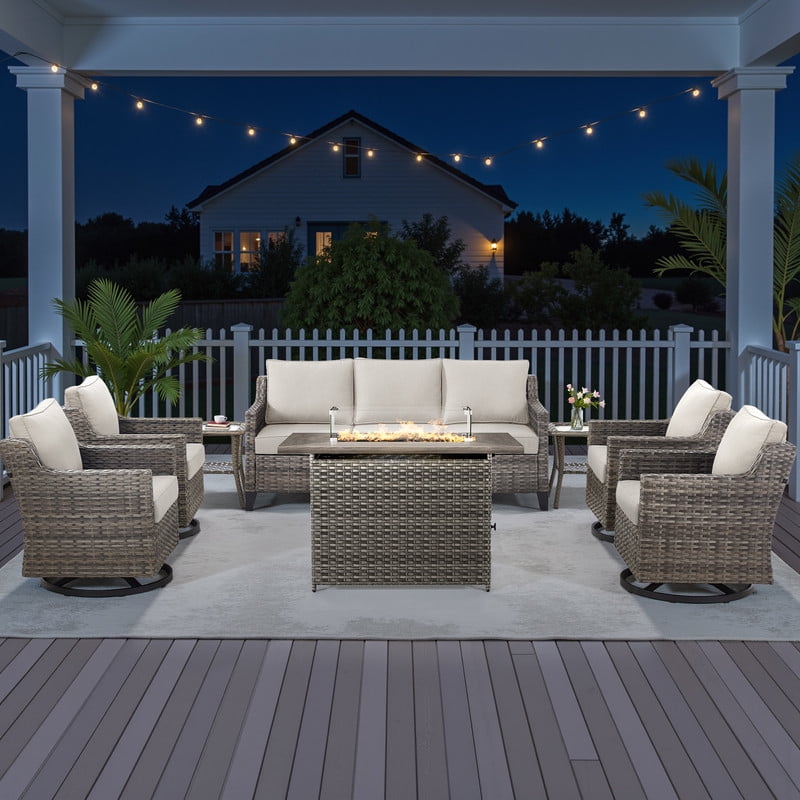 PARKWELL 8 Piece Outdoor Patio Furniture Set with Fire Pit Table,All-Weather Conversation Set with 4-Inch Thick Cushions,4 Swivel Glider Chair,7-Seat Furniture Sets for Deck, Backyard,Gray/Beige
