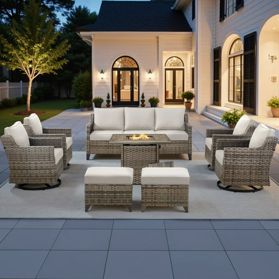 PARKWELL 8 Piece Outdoor Patio Furniture Set with Fire Pit Table,All-Weather Conversation Set with 4-Inch Thick Cushions,4 Swivel Glider Chair,9-Seat Furniture Sets for Deck, Backyard,Gray/Beige