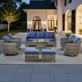 thumbnail image 1 of PARKWELL 8 Piece Outdoor Patio Furniture Set with Fire Pit Table,All-Weather Conversation Set with 4-Inch Thick Cushions,4 Swivel Glider Chair,9-Seat Furniture Sets for Deck, Backyard,Gray/Navy, 1 of 13