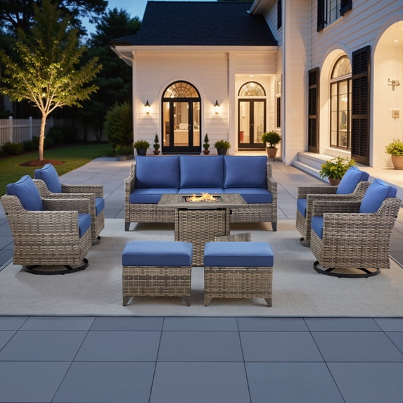PARKWELL 8 Piece Outdoor Patio Furniture Set with Fire Pit Table,All-Weather Conversation Set with 4-Inch Thick Cushions,4 Swivel Glider Chair,9-Seat Furniture Sets for Deck, Backyard,Gray/Navy