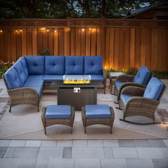 PARKWELL 8-Piece Outdoor Sectional Furniture Set with Fire Pit Table,Patio Wicker L Shaped Couch High Back Conversation Set with Rocking Chair for Garden Yard,Brown Wicker Navy Cushion