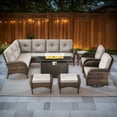 thumbnail image 1 of PARKWELL 8-Piece Outdoor Sectional Furniture Set with Fire Pit Table,Patio Wicker L Shaped Couch High Back Conversation Set with Swivel Glider for Garden Yard,Brown Wicker Beige Cushion, 1 of 13