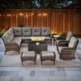 thumbnail image 1 of PARKWELL 8-Piece Outdoor Sectional Furniture Set with Fire Pit Table,Patio Wicker L Shaped Couch High Back Conversation Set with Swivel Glider for Garden Yard,Brown Wicker Gray Cushion, 1 of 13