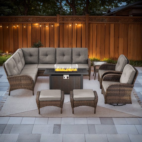 PARKWELL 8-Piece Outdoor Sectional Furniture Set with Fire Pit Table,Patio Wicker L Shaped Couch High Back Conversation Set with Swivel Glider for Garden Yard,Brown Wicker Gray Cushion