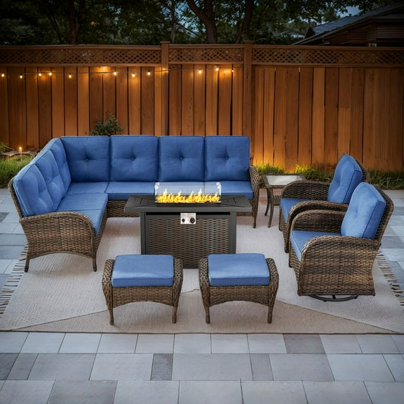 PARKWELL 8-Piece Outdoor Sectional Furniture Set with Fire Pit Table,Patio Wicker L Shaped Couch High Back Conversation Set with Swivel Glider for Garden Yard,Brown Wicker Navy Cushion