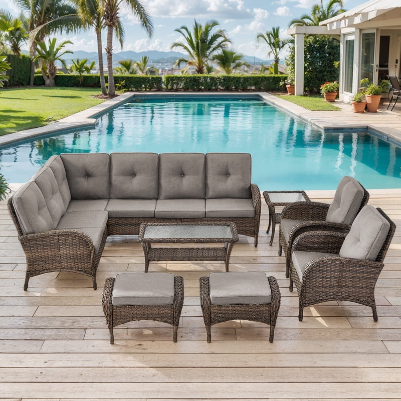 PARKWELL 8-Piece Outdoor Sectional Furniture Set,Patio Wicker L Shaped Couch High Back Conversation Set with Coffee Table Armchair for Garden Yard,Brown Wicker Gray Cushion