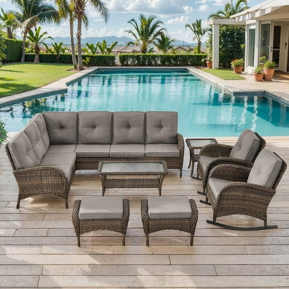 PARKWELL 8-Piece Outdoor Sectional Furniture Set,Patio Wicker L Shaped Couch High Back Conversation Set with Coffee Table Rocking Chair for Garden Yard,Brown Wicker Gray Cushion