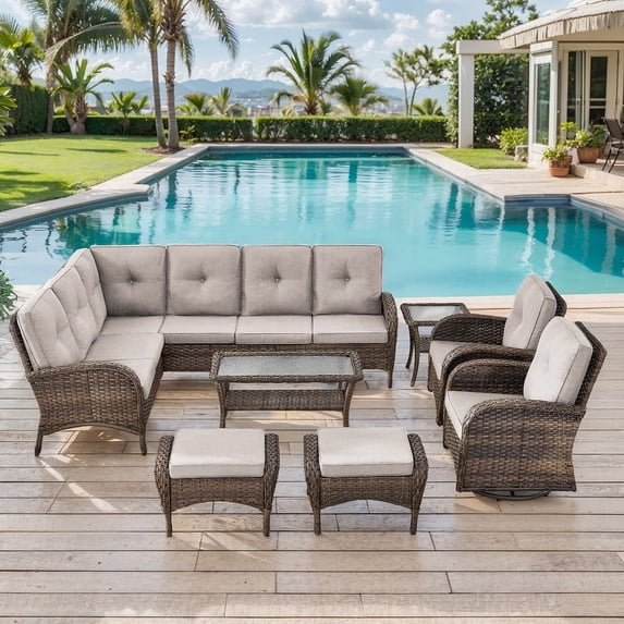 PARKWELL 8-Piece Outdoor Sectional Furniture Set,Patio Wicker L Shaped Couch High Back Conversation Set with Coffee Table Swivel Glider for Garden Yard,Brown Wicker Beige Cushion