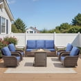 thumbnail image 1 of PARKWELL 8-Piece Outdoor Wicker Patio Furniture Set with Propane Fire Pit Table, Sofa, 360 Swivel Glider Chairs, All Weather Rattan Conversation Seating for Deck Garden Backyard, Blue, 1 of 13