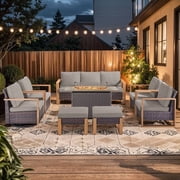 PARKWELL 8-Piece Patio Fire Pit Sets,All-Weather Conversation Set with Wicker Lounge Chair, Swivel Glider,9-Seat Outdoor Patio Seating Furniture Set for Backyard Gatherings, Brown/Gray