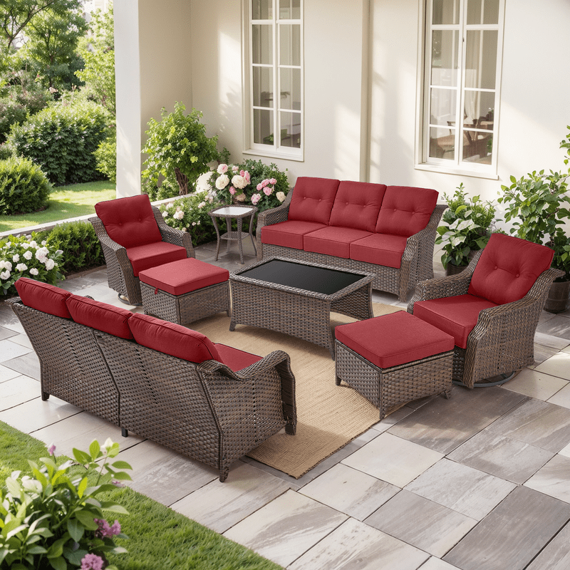 PARKWELL 8 Pieces Outdoor Patio Furniture Set,Luxury 6" Thick Conversation Set with Swivel Glider Chairs,All-Weather Seating Furniture Set for Backyard Deck, Brown/Red
