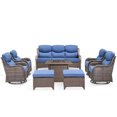 thumbnail image 1 of PARKWELL 8 Pieces Outdoor Patio High Back Furniture Set with Fire Pit Table, Luxury 6" Thick Conversation Set with Swivel Glider Chairs,Wicker Seating Set for Deck, Backyard,Brown/Navy, 1 of 13
