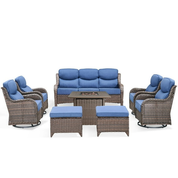 PARKWELL 8 Pieces Outdoor Patio High Back Furniture Set with Fire Pit Table, Luxury 6" Thick Conversation Set with Swivel Glider Chairs,Wicker Seating Set for Deck, Backyard,Brown/Navy