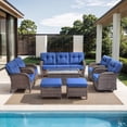 thumbnail image 1 of PARKWELL 8 Pieces Patio Furniture Set, Outdoor 9-Seat Wicker Conversation Sofa Set with Rattan Swivel Chairs, Ottoman, Coffee Table and 5" Thick Cushion for Porch Deck, Brown/Navy, 1 of 11