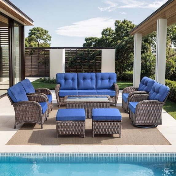 PARKWELL 8 Pieces Patio Furniture Set, Outdoor 9-Seat Wicker Conversation Sofa Set with Rattan Swivel Chairs, Ottoman, Coffee Table and 5" Thick Cushion for Porch Deck, Brown/Navy