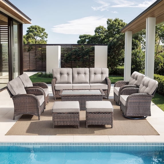 PARKWELL 8 Pieces Patio Furniture Set, Outdoor 9-Seat Wicker Conversation Sofa Set with Rattan Swivel Chairs, Ottoman, Coffee Table and 5" Thick Cushion for Porch Deck, Brown/Beige