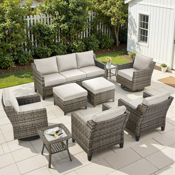 PARKWELL 9 Piece Outdoor Patio Furniture Set,All-Weather Rattan Conversation Seating Group with Deep Seat Couch,Swivel Glider Chair and Foot Rest,9-Seat Furniture Sets for Deck, Backyard,Gray/Beige
