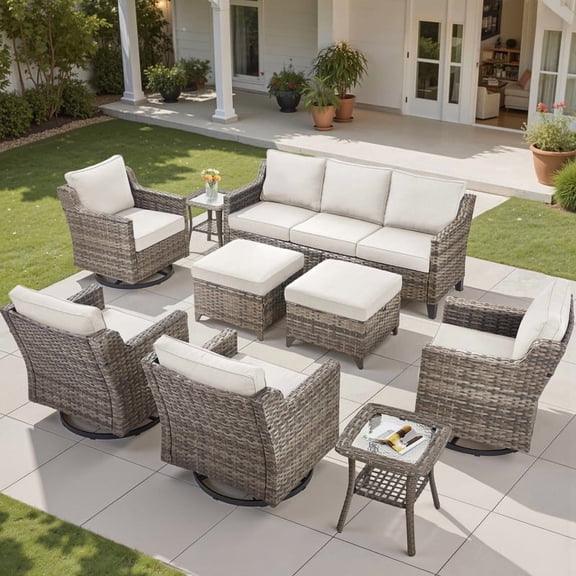 PARKWELL 9 Piece Outdoor Patio Furniture Set,All-Weather Rattan Conversation Seating Group with Deep Seat Couch,Swivel Glider Chair and Foot Rest,9-Seat Furniture Sets for Deck, Backyard,Gray/Beige