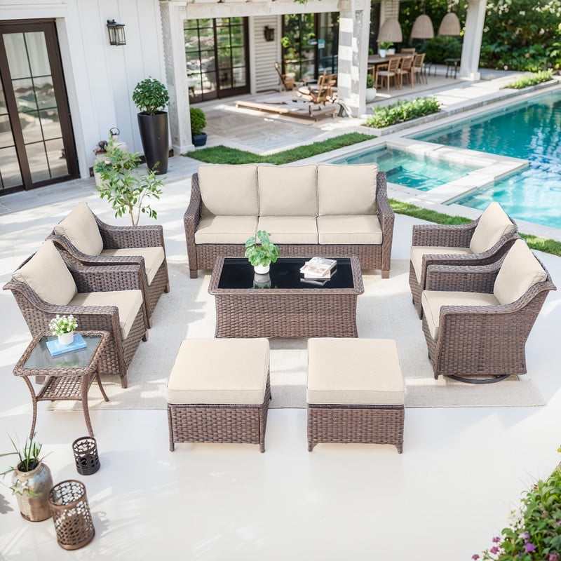 PARKWELL 9 Pieces Outdoor Patio Furniture Set 9-Seat High Back Wicker Conversation Set with Swivel Glider Chairs,Brown Wicker Beige Cushion