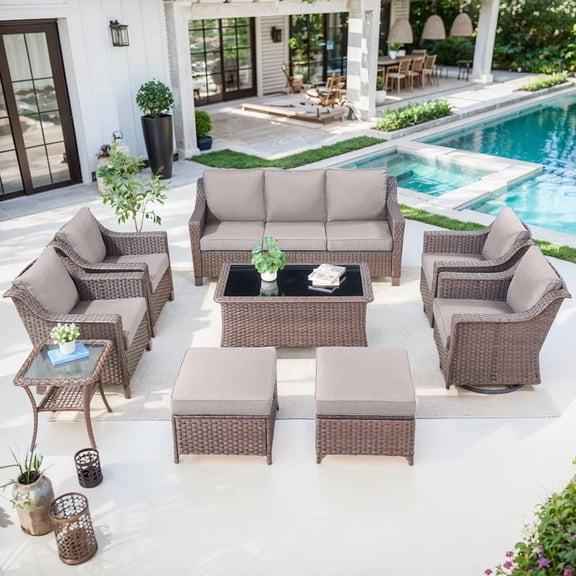 PARKWELL 9 Pieces Outdoor Patio Furniture Set 9-Seat High Back Wicker Conversation Set with Swivel Glider Chairs,Brown Wicker Gray Cushion